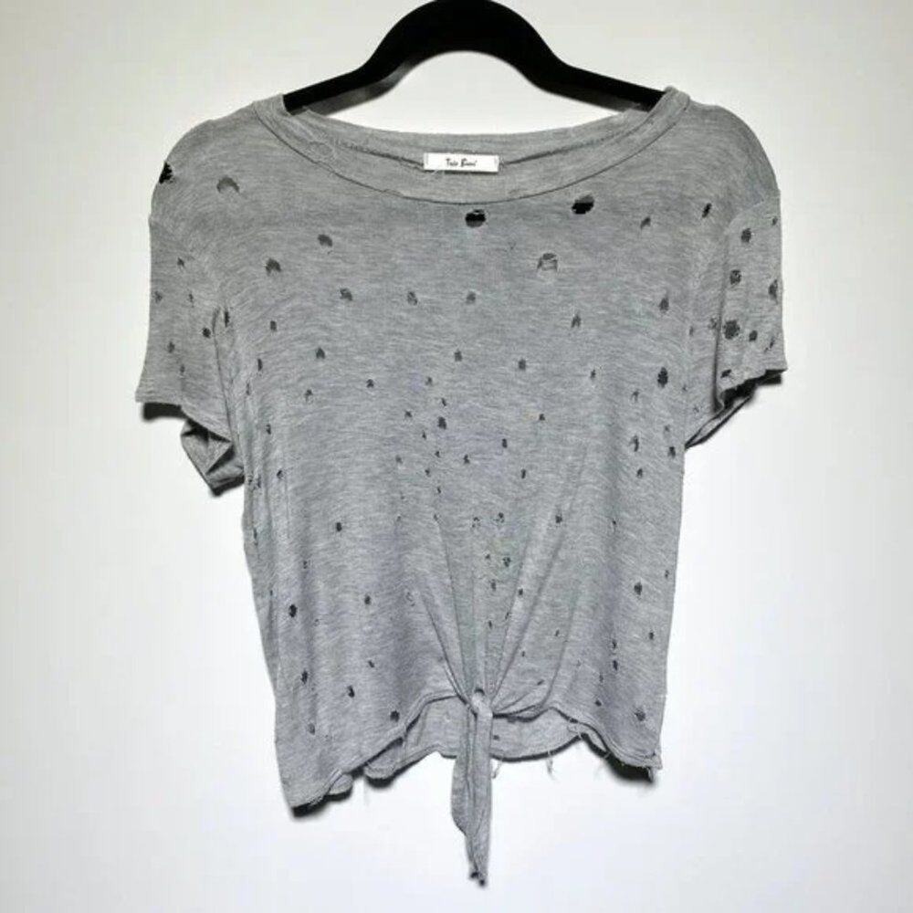 Tres Bien Womens Grey Crop Front Tie Distressed Holey T-Shirt Size S